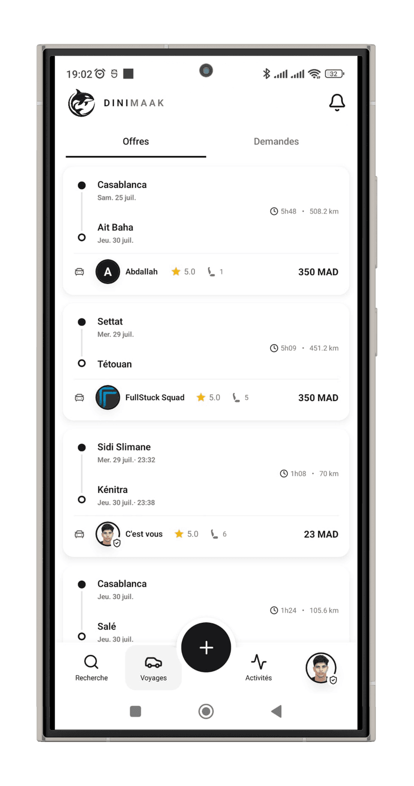 Écran d'accueil de l'application DiniMaak avec la recherche de covoiturage au Maroc